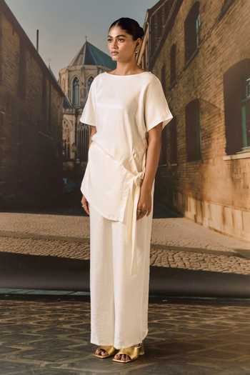 Shop_Maison Aguise_Off White Satin Boat Neck Ecru Draped Top And Pant Set _Online_at_Aza_Fashions