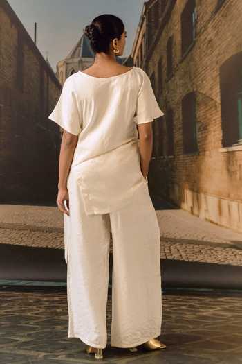 Shop_Maison Aguise_Off White Satin Boat Neck Ecru Draped Top And Pant Set _at_Aza_Fashions