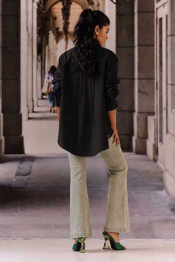 Shop_Maison Aguise_Black Cotton Collared Neck 3d Rose Applique Work Shirt _at_Aza_Fashions