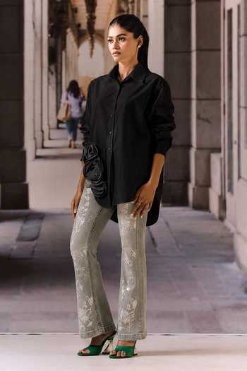 Maison Aguise_Black Cotton Collared Neck 3d Rose Applique Work Shirt _Online_at_Aza_Fashions