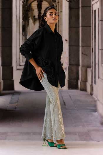 Buy_Maison Aguise_Black Cotton Collared Neck 3d Rose Applique Work Shirt _Online_at_Aza_Fashions