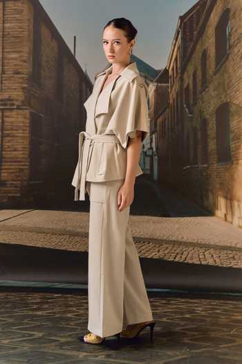 Shop_Maison Aguise_Beige Cotton, Twill, Spandex Collared Neck Exaggerated Blazer And Trouser Set _at_Aza_Fashions
