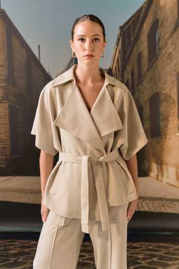 Maison Aguise_Beige Cotton, Twill, Spandex Collared Neck Exaggerated Blazer And Trouser Set _Online_at_Aza_Fashions