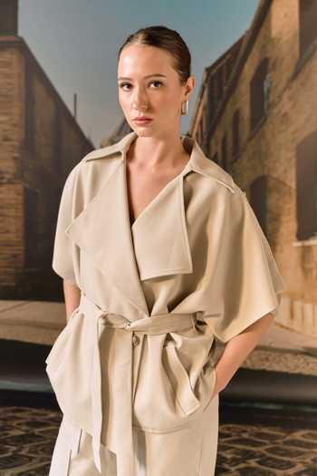 Buy_Maison Aguise_Beige Cotton, Twill, Spandex Collared Neck Exaggerated Blazer And Trouser Set _Online_at_Aza_Fashions