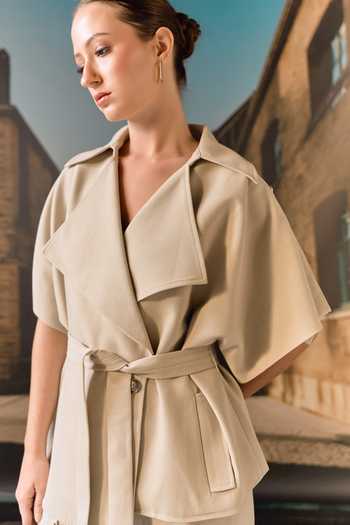 Shop_Maison Aguise_Beige Cotton, Twill, Spandex Collared Neck Exaggerated Blazer And Trouser Set _Online_at_Aza_Fashions
