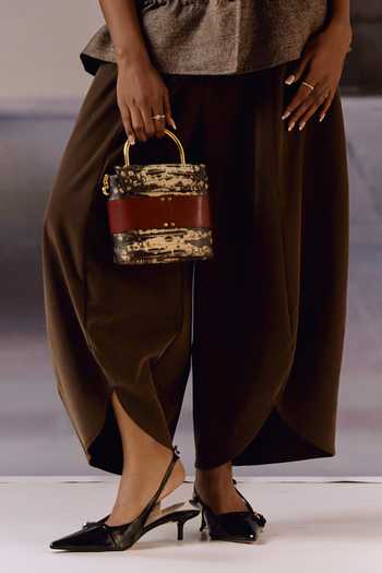 Maison Aguise_Brown Suede, Twill Choco Barrel Leg Trouser _Online_at_Aza_Fashions