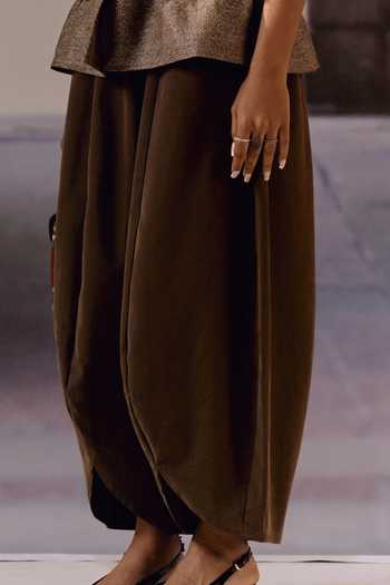 Buy_Maison Aguise_Brown Suede, Twill Choco Barrel Leg Trouser _Online_at_Aza_Fashions
