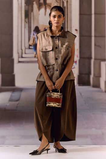 Shop_Maison Aguise_Brown Suede, Twill Choco Barrel Leg Trouser _Online_at_Aza_Fashions