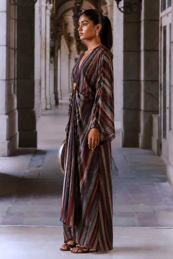 Maison Aguise_Multi Color Silk, Crepe V-neck Striped Pattern Kaftan _Online_at_Aza_Fashions