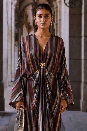 Buy_Maison Aguise_Multi Color Silk, Crepe V-neck Striped Pattern Kaftan _Online_at_Aza_Fashions