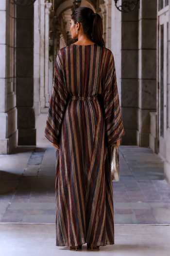 Shop_Maison Aguise_Multi Color Silk, Crepe V-neck Striped Pattern Kaftan _at_Aza_Fashions