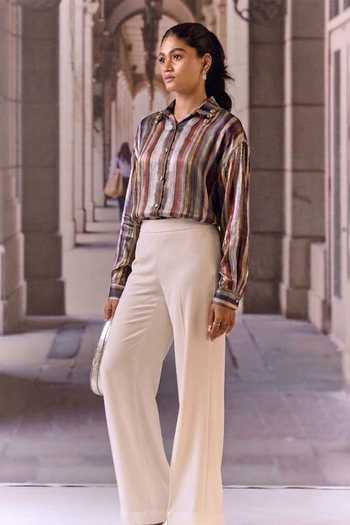 Maison Aguise_Multi Color Silk, Crepe Collared Neck Striped Pattern Shirt _Online_at_Aza_Fashions