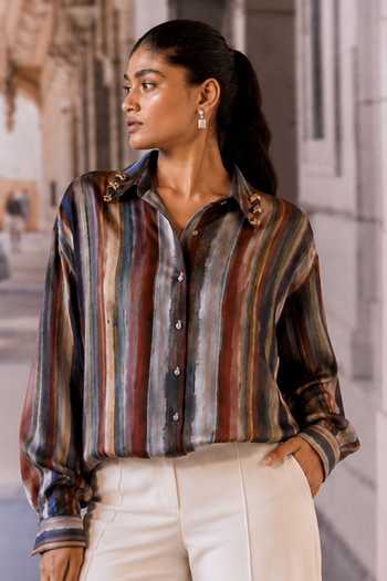 Buy_Maison Aguise_Multi Color Silk, Crepe Collared Neck Striped Pattern Shirt _Online_at_Aza_Fashions