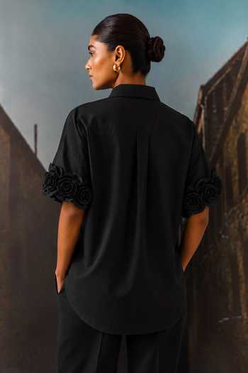 Shop_Maison Aguise_Black Cotton Collared Neck 3d Rosette Sleeve Shirt _at_Aza_Fashions
