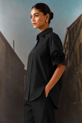Maison Aguise_Black Cotton Collared Neck 3d Rosette Sleeve Shirt _Online_at_Aza_Fashions
