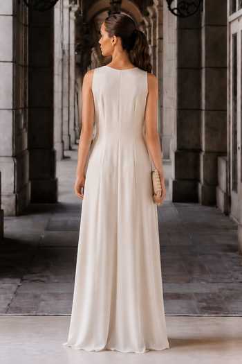 Shop_Maison Aguise_Ivory Satin One Shoulder Draped Dress _at_Aza_Fashions