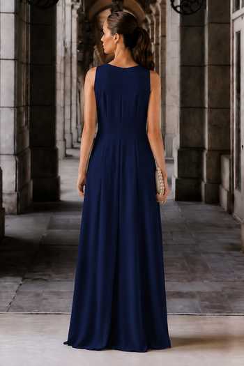 Shop_Maison Aguise_Blue Satin Asymmetric Neck V Draped Dress _at_Aza_Fashions