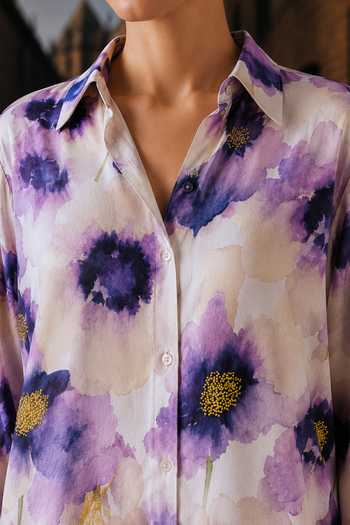 Maison Aguise_Purple Muslin Collared Neck Bead Embellished Shirt _Online_at_Aza_Fashions