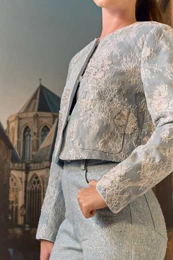 Buy_Maison Aguise_Sky Blue Denim, Lace Round Neck And Cropped Jacket _Online_at_Aza_Fashions
