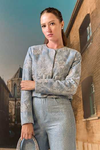 Shop_Maison Aguise_Sky Blue Denim, Lace Round Neck And Cropped Jacket _Online_at_Aza_Fashions
