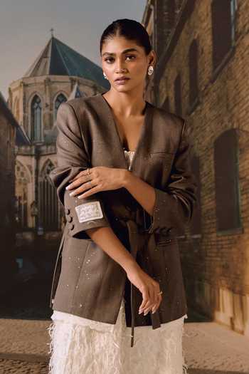 Maison Aguise_Grey Wool Lace Detailed Blazer _Online_at_Aza_Fashions