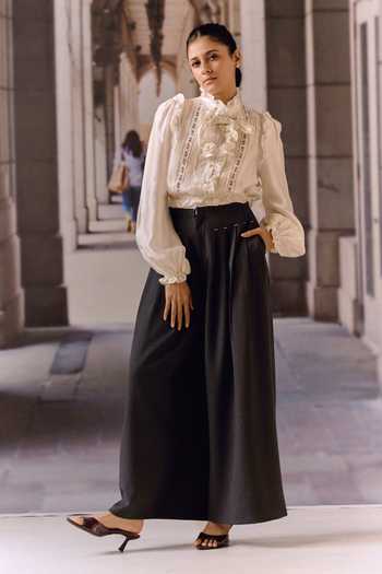Shop_Maison Aguise_Grey Cotton, Twill Pintucked Tailored Trouser _Online_at_Aza_Fashions