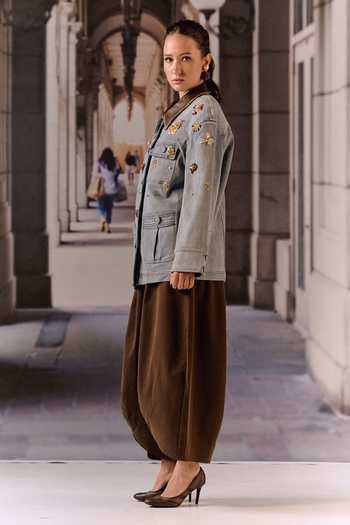 Maison Aguise_Blue Denim, Leather Collared Neck And Jacket With Detachable Puffer _Online_at_Aza_Fashions