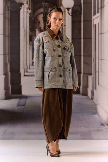 Buy_Maison Aguise_Blue Denim, Leather Collared Neck And Jacket With Detachable Puffer _Online_at_Aza_Fashions
