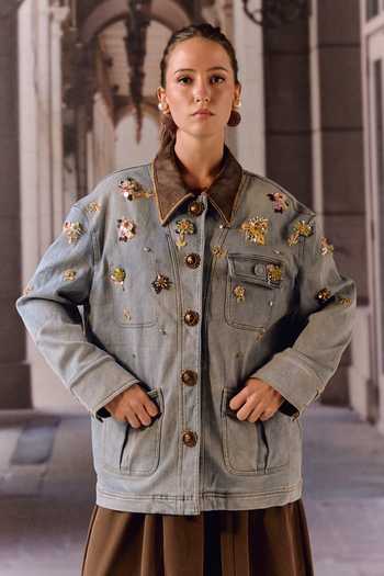 Buy_Maison Aguise_Blue Denim, Leather Collared Neck And Jacket With Detachable Puffer _at_Aza_Fashions