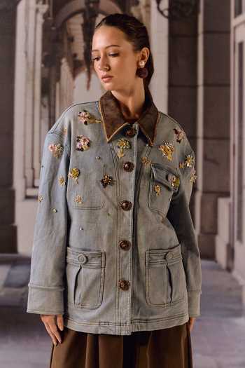 Maison Aguise_Blue Denim, Leather Collared Neck And Jacket With Detachable Puffer _at_Aza_Fashions