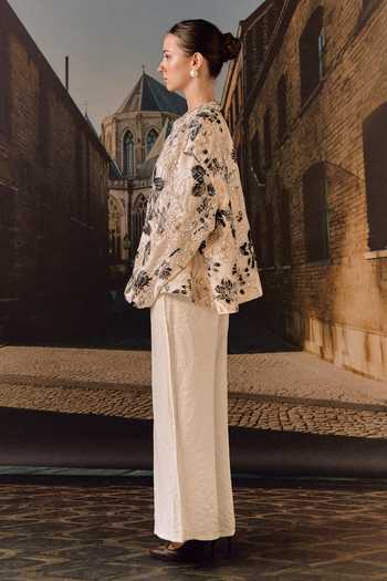 Maison Aguise_Beige Silk, Tissue Mandarin Collar Embroidered Cape Jacket _Online_at_Aza_Fashions