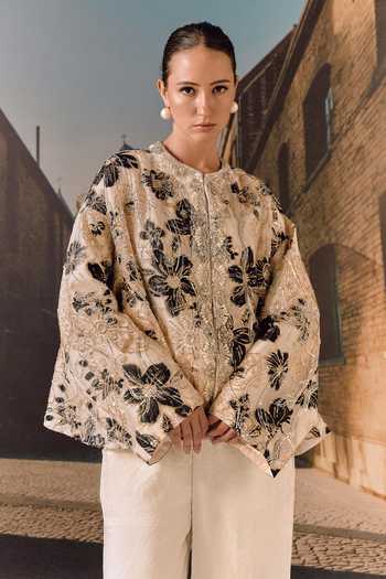 Buy_Maison Aguise_Beige Silk, Tissue Mandarin Collar Embroidered Cape Jacket _at_Aza_Fashions