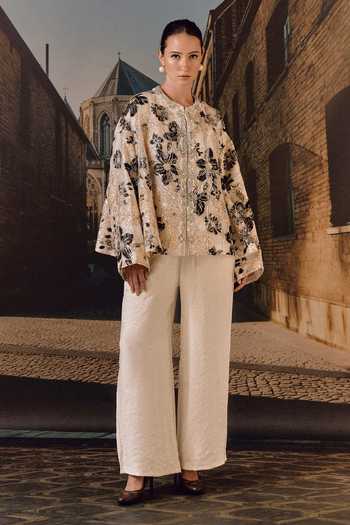 Shop_Maison Aguise_Beige Silk, Tissue Mandarin Collar Embroidered Cape Jacket _at_Aza_Fashions