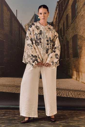 Buy_Maison Aguise_Beige Silk, Tissue Mandarin Collar Embroidered Cape Jacket _Online_at_Aza_Fashions