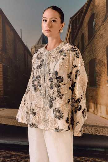 Shop_Maison Aguise_Beige Silk, Tissue Mandarin Collar Embroidered Cape Jacket _Online_at_Aza_Fashions