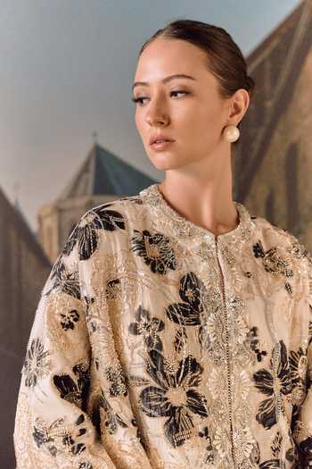 Maison Aguise_Beige Silk, Tissue Mandarin Collar Embroidered Cape Jacket _at_Aza_Fashions
