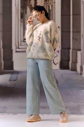 Shop_Maison Aguise_Ivory Knit Round Neck Rabbit Motif Embellished Cardigan _at_Aza_Fashions