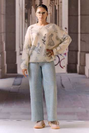 Maison Aguise_Ivory Knit Round Neck Rabbit Motif Embellished Cardigan _Online_at_Aza_Fashions