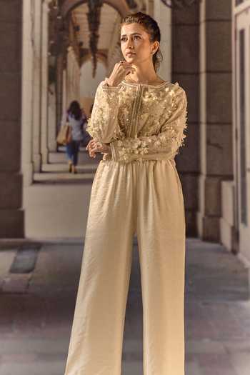 Maison Aguise_Beige Silk, Net Round Neck 3d Floral Applique Cropped Jacket _Online_at_Aza_Fashions