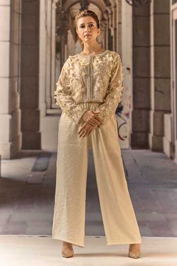 Shop_Maison Aguise_Beige Silk, Net Round Neck 3d Floral Applique Cropped Jacket _at_Aza_Fashions
