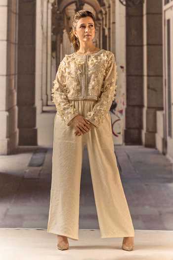 Buy_Maison Aguise_Beige Silk, Net Round Neck 3d Floral Applique Cropped Jacket _Online_at_Aza_Fashions