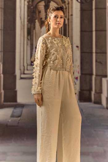 Shop_Maison Aguise_Beige Silk, Net Round Neck 3d Floral Applique Cropped Jacket _Online_at_Aza_Fashions