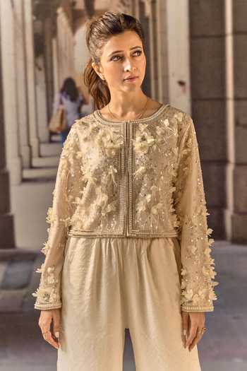 Buy_Maison Aguise_Beige Silk, Net Round Neck 3d Floral Applique Cropped Jacket _at_Aza_Fashions