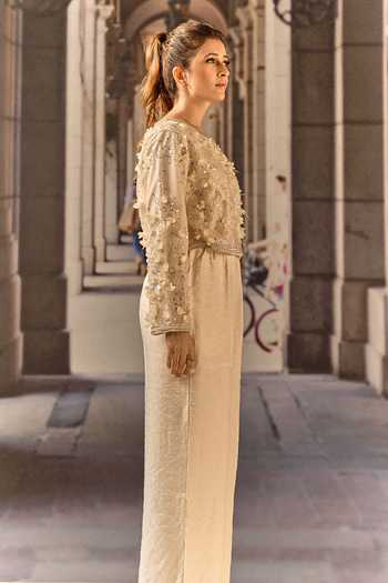 Maison Aguise_Beige Silk, Net Round Neck 3d Floral Applique Cropped Jacket _at_Aza_Fashions