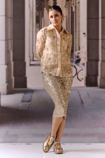 Shop_Maison Aguise_Beige Lycra Sequin Embellished Midi Skirt _Online_at_Aza_Fashions