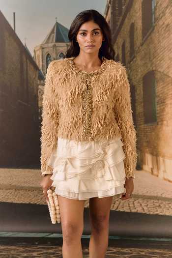 Buy_Maison Aguise_Beige Round Neck Feathered Cropped Jacket _Online_at_Aza_Fashions