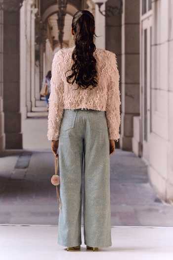 Shop_Maison Aguise_Pink Round Neck Feathered And Embellished Cropped Jacket _at_Aza_Fashions