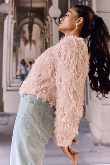 Maison Aguise_Pink Round Neck Feathered And Embellished Cropped Jacket _Online_at_Aza_Fashions