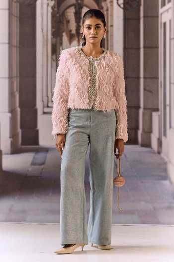 Buy_Maison Aguise_Pink Round Neck Feathered And Embellished Cropped Jacket _Online_at_Aza_Fashions