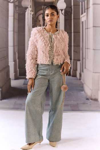 Shop_Maison Aguise_Pink Round Neck Feathered And Embellished Cropped Jacket _Online_at_Aza_Fashions
